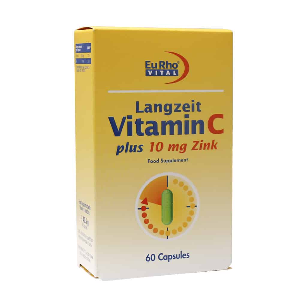 EuRho-Vital-Langzeit-Vitamin-C-plus-Zink-10mg-60-Caps کپسول ویتامین C و زینک (۱۰ میلی گرم) یوروویتال ۶۰ عدد - تصویر 1